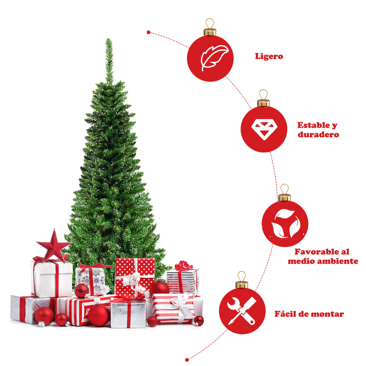2,25m Árbol de Navidad Estrecho con 350 Luces LED Blanco Cálido Incorporadas Agujas en PVC de 1085 Ramas Base de Metal para Hogar Interior
