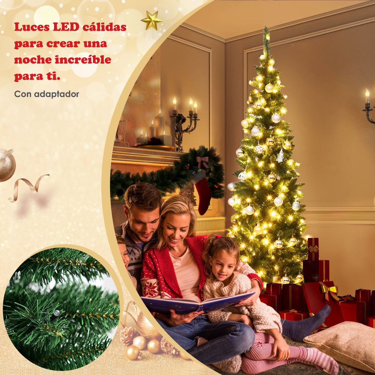2,25m Árbol de Navidad Estrecho con 350 Luces LED Blanco Cálido Incorporadas Agujas en PVC de 1085 Ramas Base de Metal para Hogar Interior