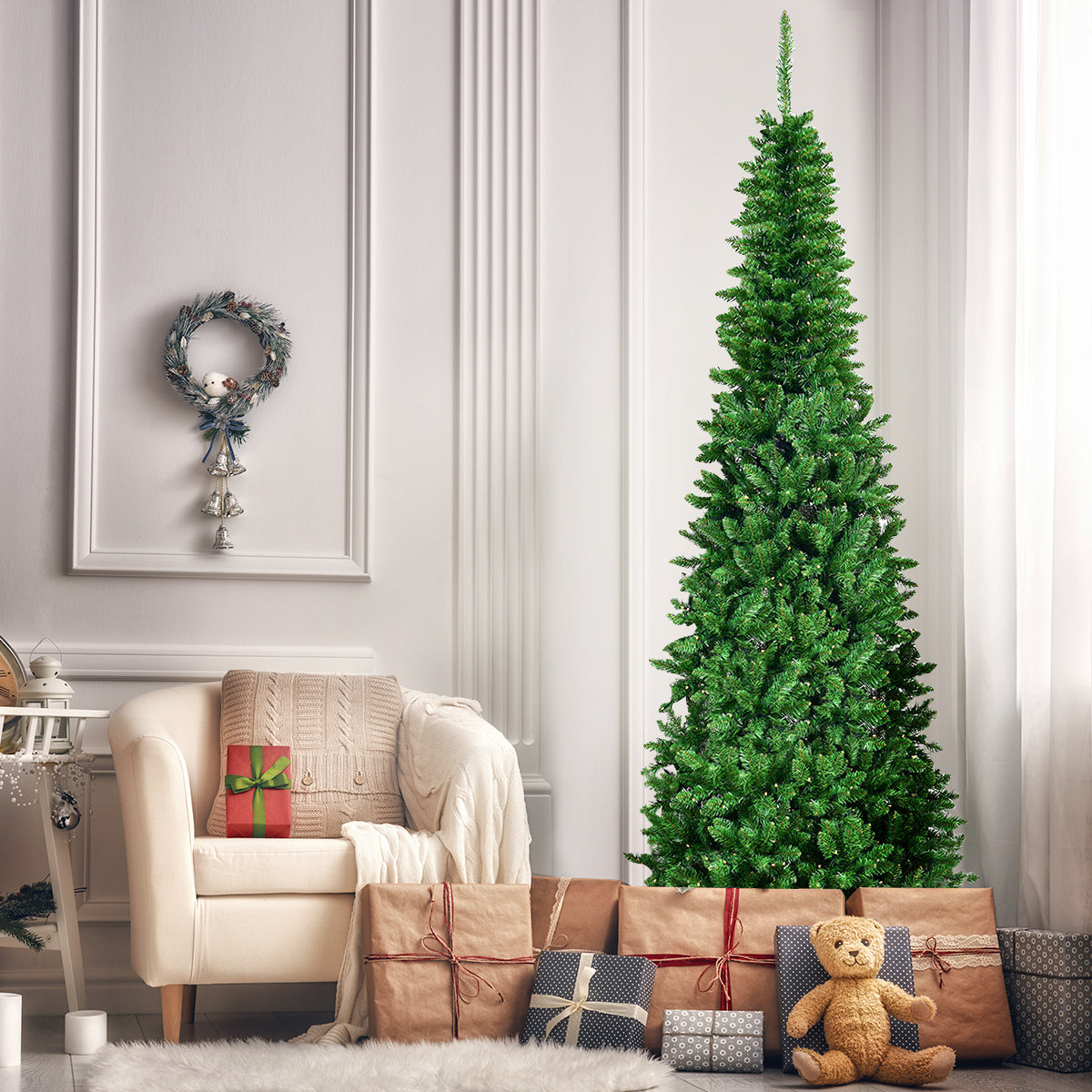 2,25m Árbol de Navidad Estrecho con 350 Luces LED Blanco Cálido Incorporadas Agujas en PVC de 1085 Ramas Base de Metal para Hogar Interior