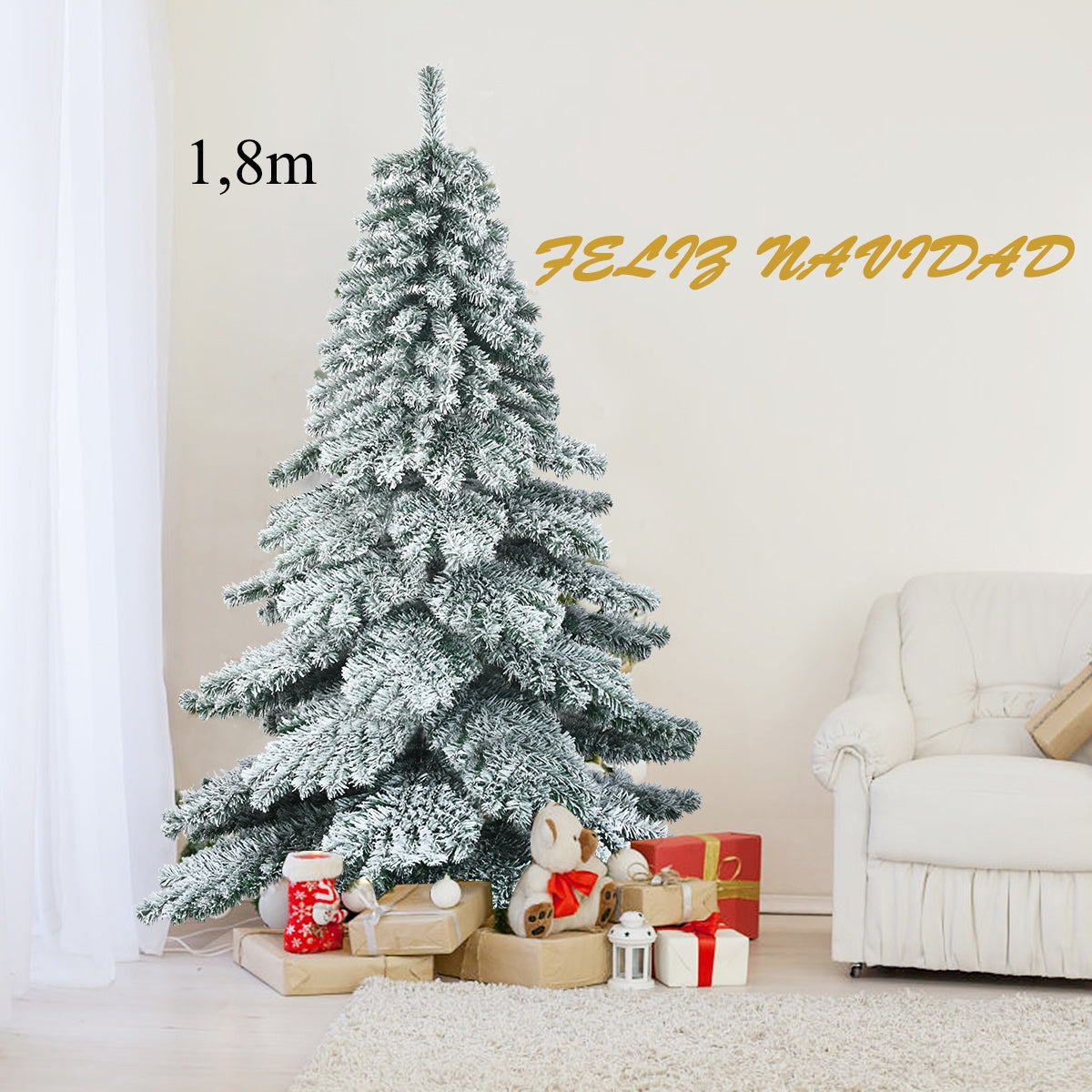 1,8m Árbol de Navidad Nevado con 657 Ramas Abeto Artificial con Base de Metal Hojas Espesas Fácil de Montar y Desmontar