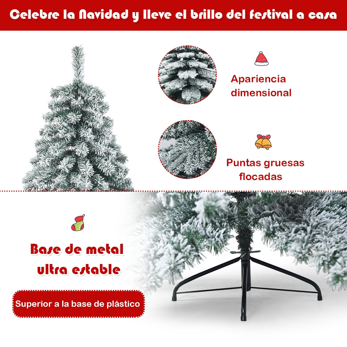 1,8m Árbol de Navidad Nevado con 657 Ramas Abeto Artificial con Base de Metal Hojas Espesas Fácil de Montar y Desmontar