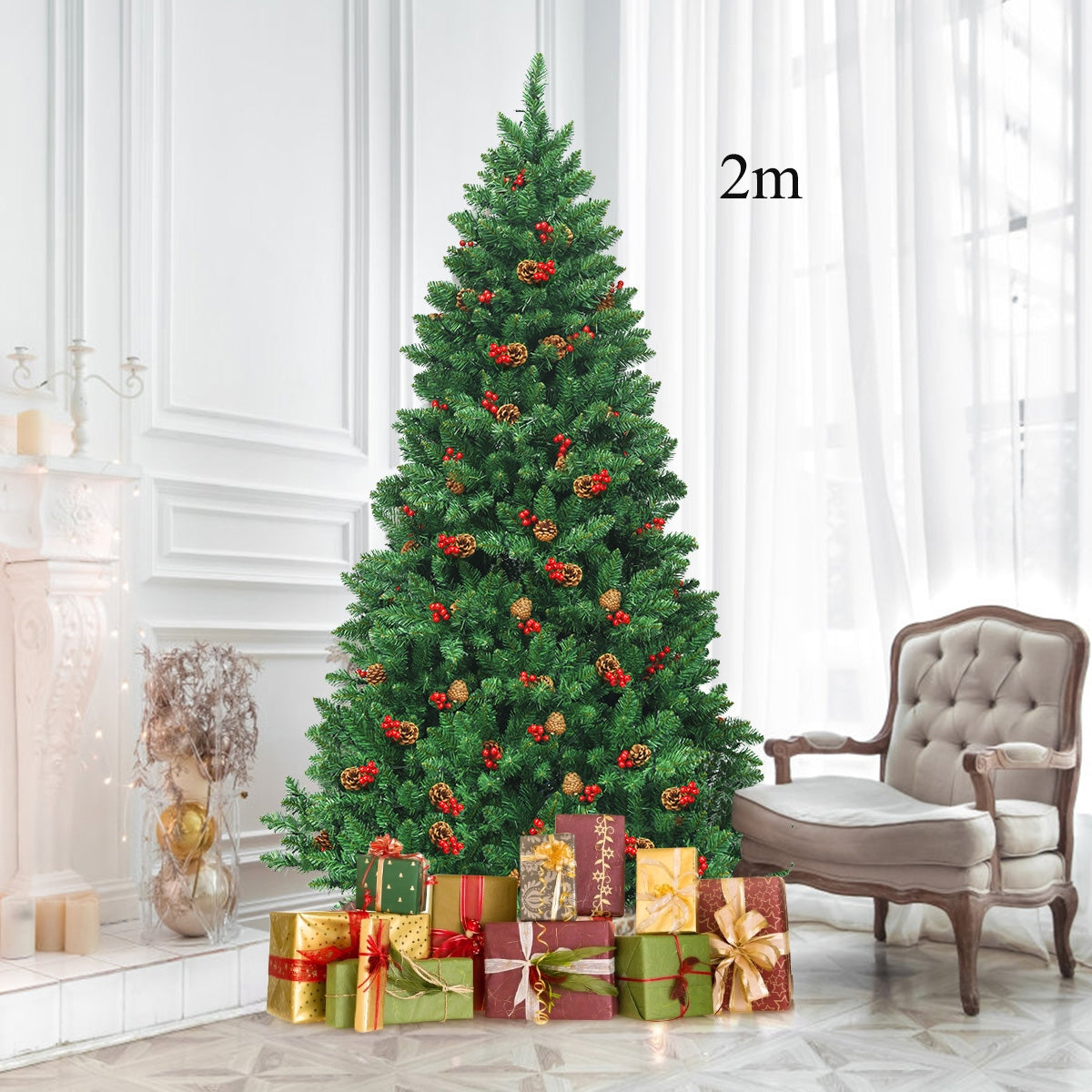 2m Árbol de Navidad Iluminado con 1100 Ramas Piñas Decorativas y Bayas Rojas para Casa Oficina Tiendas y Hotel