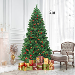 2m Árbol de Navidad Iluminado con 1100 Ramas Piñas Decorativas y Bayas Rojas para Casa Oficina Tiendas y Hotel