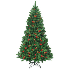 2m Árbol de Navidad Iluminado con 1100 Ramas Piñas Decorativas y Bayas Rojas para Casa Oficina Tiendas y Hotel