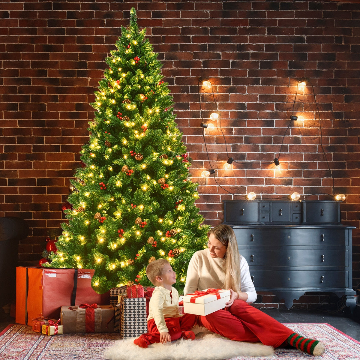2m Árbol de Navidad Iluminado con 1100 Ramas Piñas Decorativas y Bayas Rojas para Casa Oficina Tiendas y Hotel