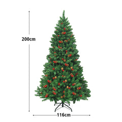 2m Árbol de Navidad Iluminado con 1100 Ramas Piñas Decorativas y Bayas Rojas para Casa Oficina Tiendas y Hotel