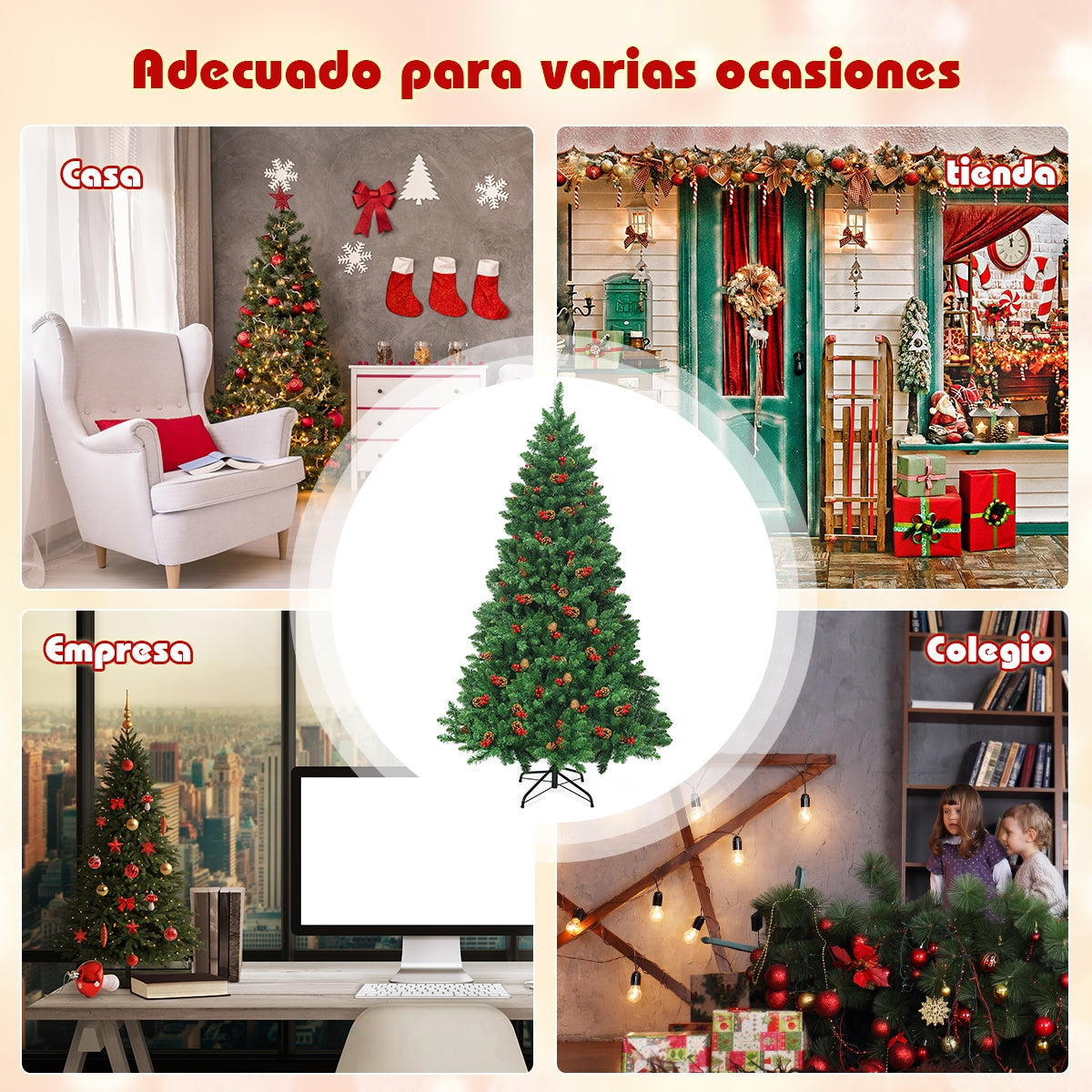 2m Árbol de Navidad Iluminado con 1100 Ramas Piñas Decorativas y Bayas Rojas para Casa Oficina Tiendas y Hotel