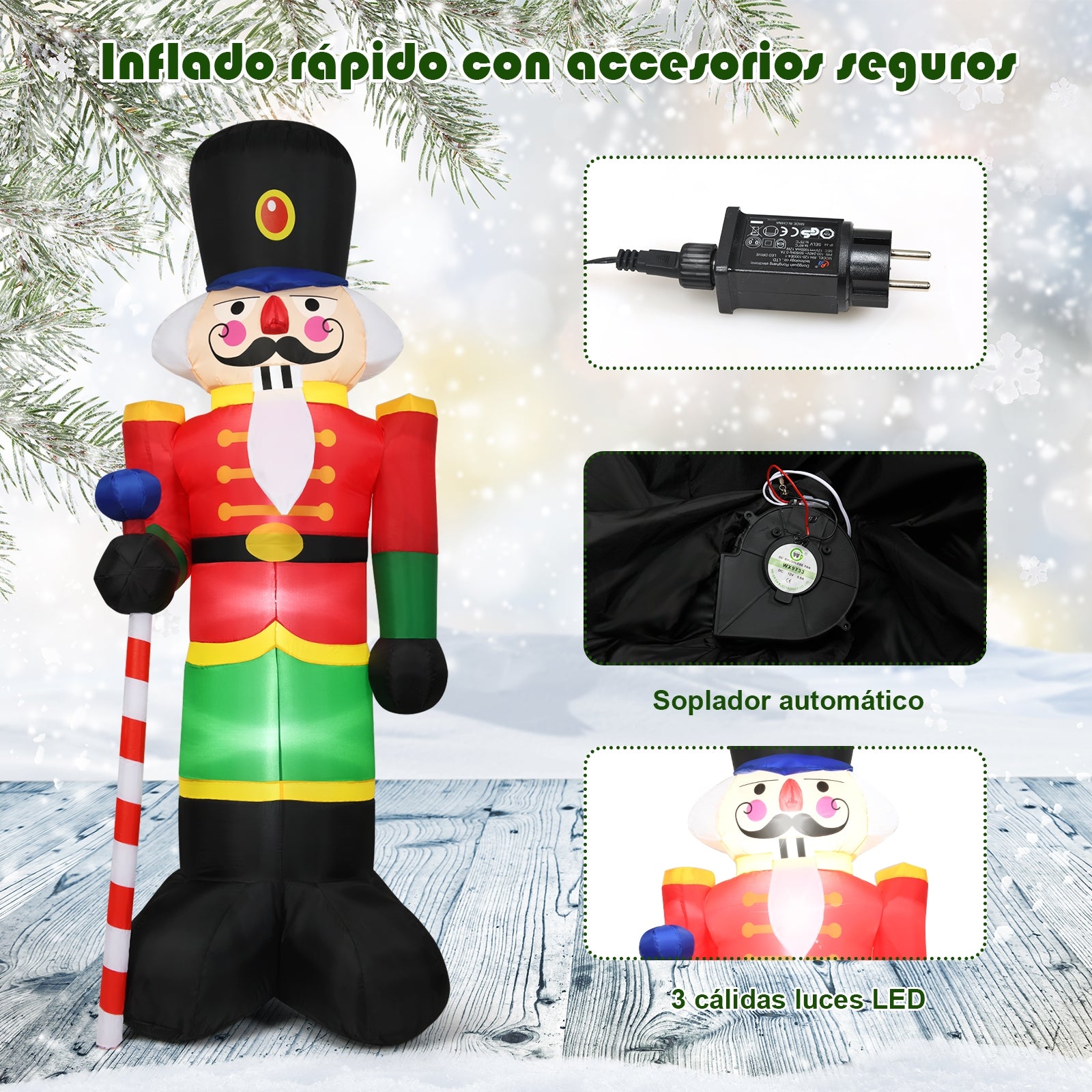 2,4 m Soldadito Cascanueces Inflable con 3 Luces LED y Cetro caramelo Decoración Navideña Compresor Incluido