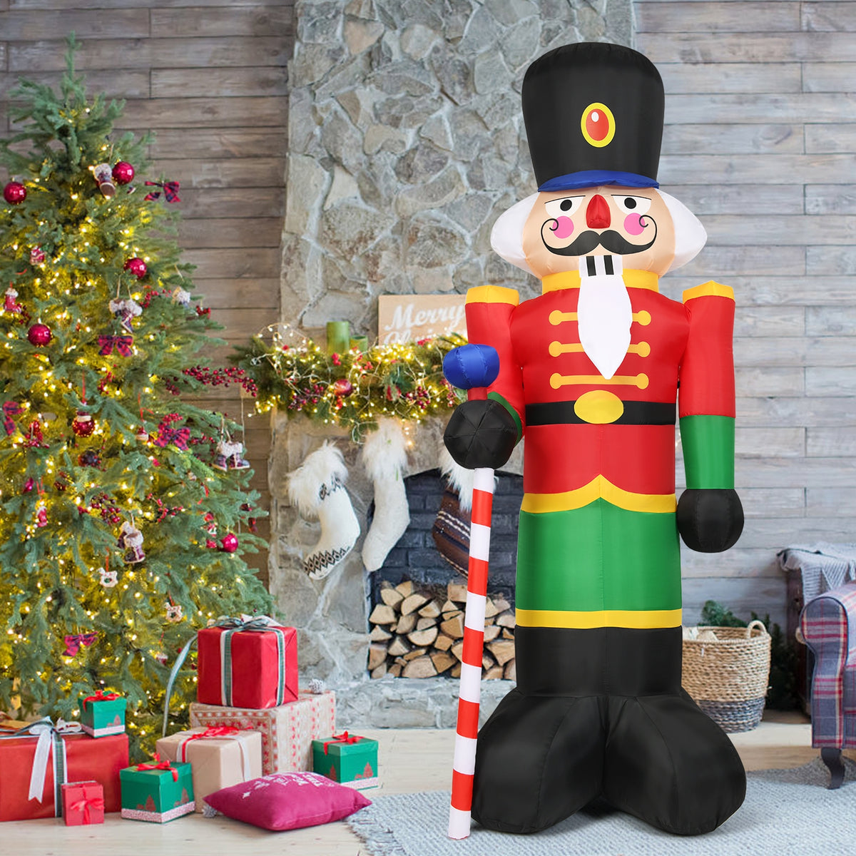 2,4 m Soldadito Cascanueces Inflable con 3 Luces LED y Cetro caramelo Decoración Navideña Compresor Incluido