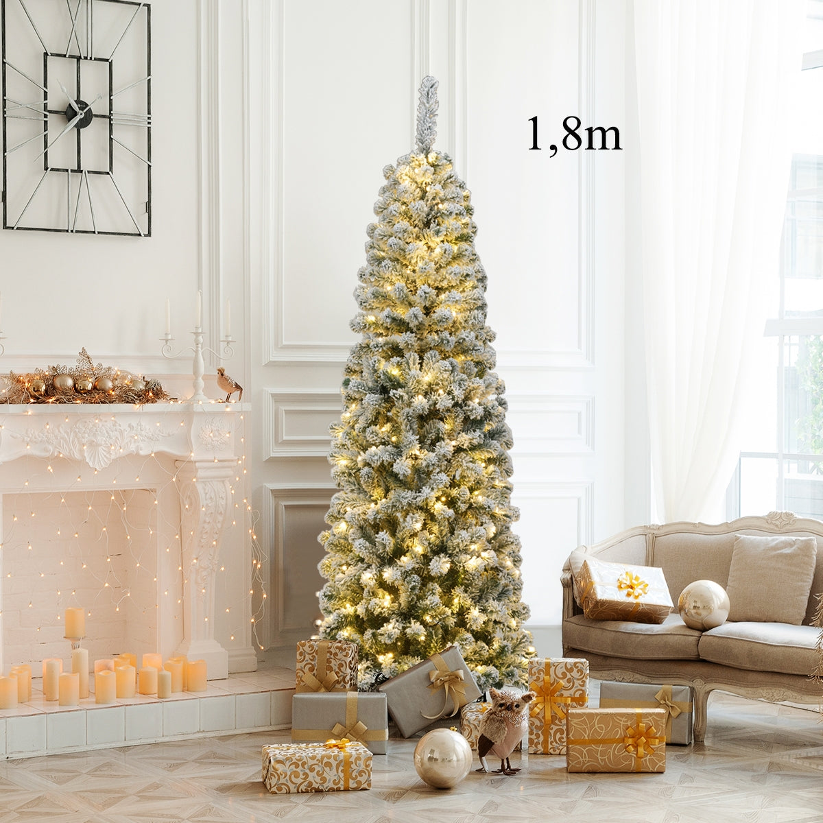 1,8m Árbol de Navidad Nevado Iluminado con 250 Luces LED Cálidas 500 Ramas y Base Plegable de Metal