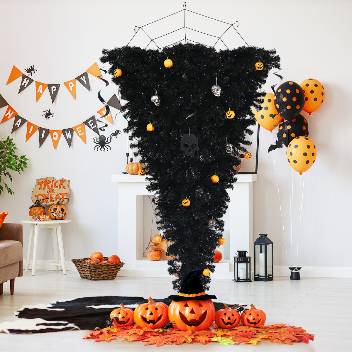 180 cm Árbol de Navidad Artificial Dado Vuelta Árbol de Halloween Iluminado Árbol Pino Falso al Revés con Bisagras Decoraciones Negro