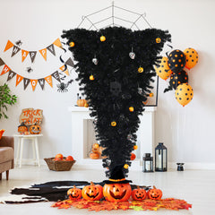 180 cm Árbol de Navidad Artificial Dado Vuelta Árbol de Halloween Iluminado Árbol Pino Falso al Revés con Bisagras Decoraciones Negro