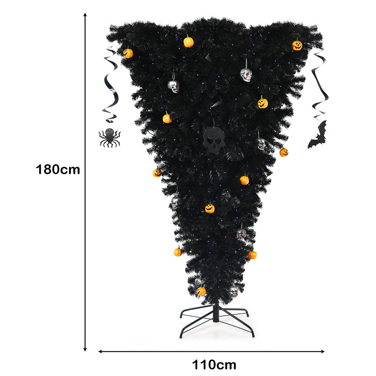 180 cm Árbol de Navidad Artificial Dado Vuelta Árbol de Halloween Iluminado Árbol Pino Falso al Revés con Bisagras Decoraciones Negro