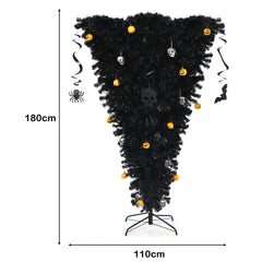 180 cm Árbol de Navidad Artificial Dado Vuelta Árbol de Halloween Iluminado Árbol Pino Falso al Revés con Bisagras Decoraciones Negro