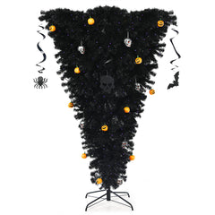 180 cm Árbol de Navidad Artificial Dado Vuelta Árbol de Halloween Iluminado Árbol Pino Falso al Revés con Bisagras Decoraciones Negro