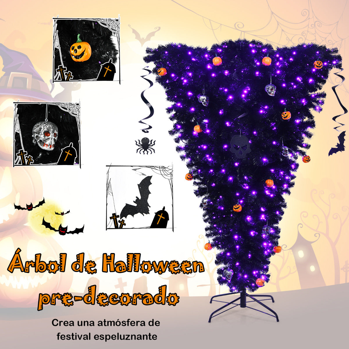 180 cm Árbol de Navidad Artificial Dado Vuelta Árbol de Halloween Iluminado Árbol Pino Falso al Revés con Bisagras Decoraciones Negro