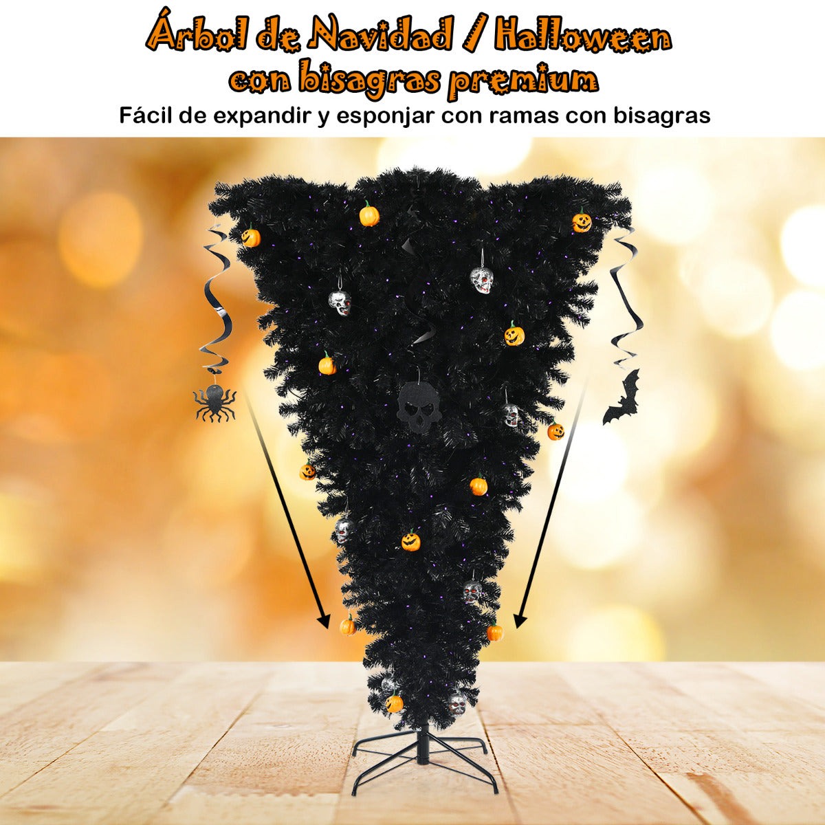 180 cm Árbol de Navidad Artificial Dado Vuelta Árbol de Halloween Iluminado Árbol Pino Falso al Revés con Bisagras Decoraciones Negro