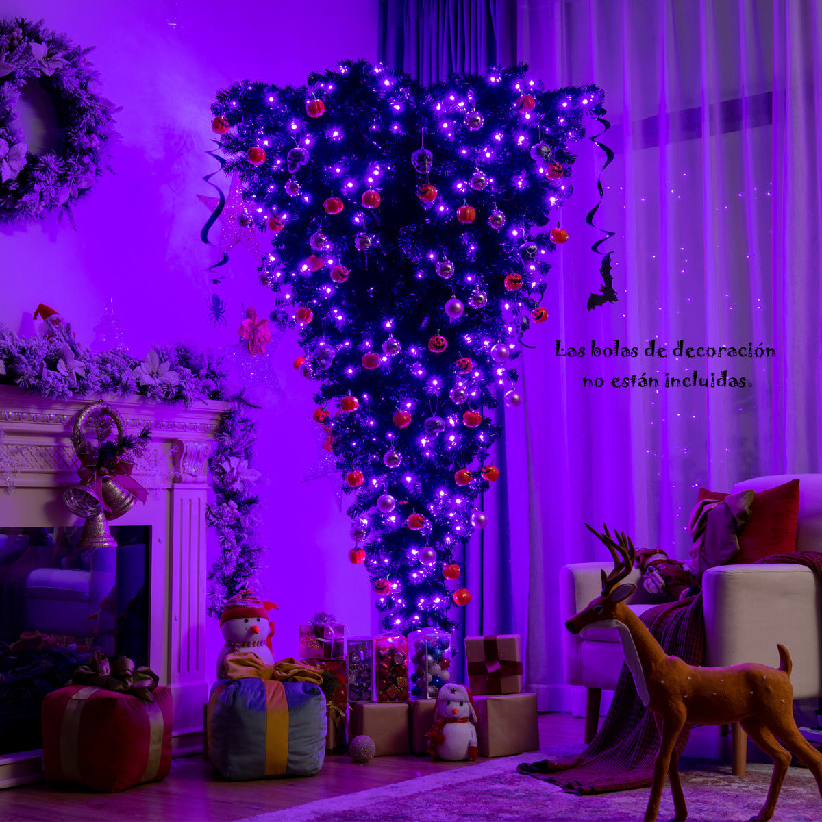 180 cm Árbol de Navidad Artificial Dado Vuelta Árbol de Halloween Iluminado Árbol Pino Falso al Revés con Bisagras Decoraciones Negro
