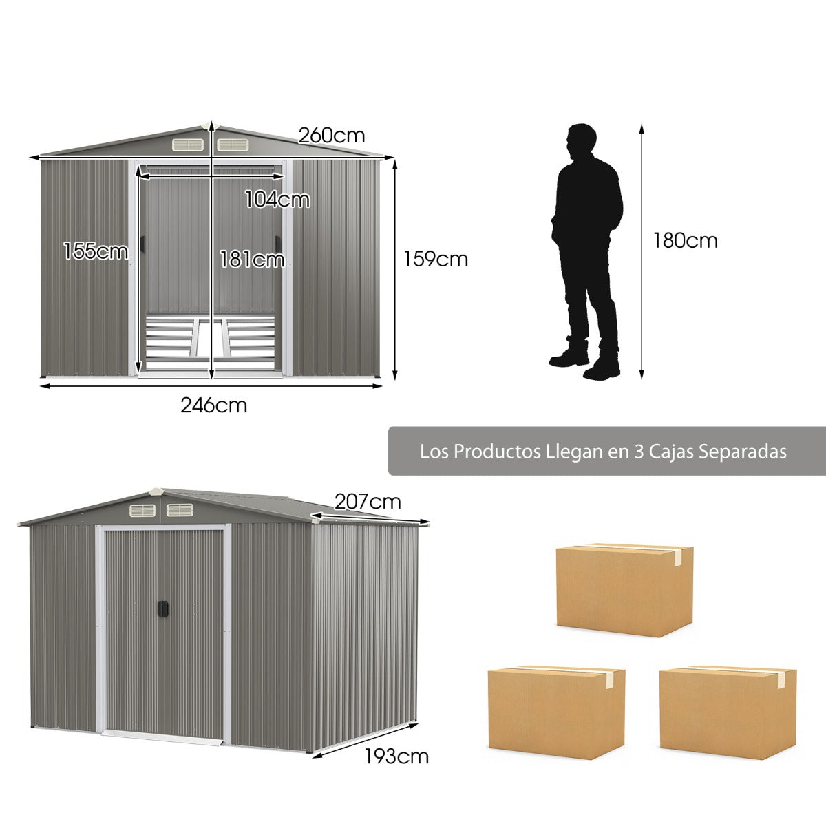 Cobertizo de Jardín de Almacenamiento con Cimientos 4 Persianas Puertas Dobles y Rampa para Herramientas 260 x 207 x 180 cm Gris Claro