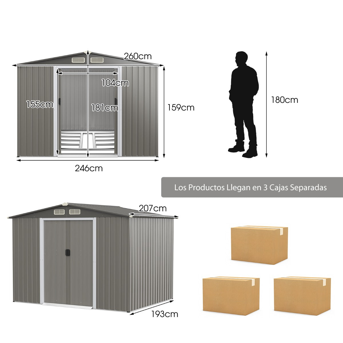 Cobertizo de Jardín de Almacenamiento con Cimientos 4 Persianas Puertas Dobles y Rampa para Herramientas 260 x 207 x 180 cm Gris Oscuro