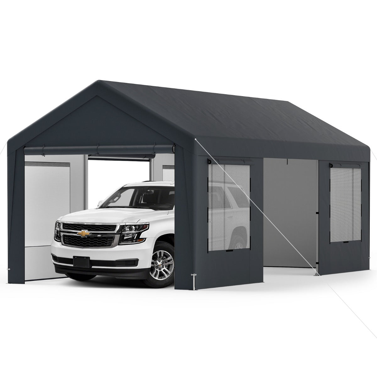 Cobertizo de Coche Refugio para Coche al Aire Libre con 8 Paredes Laterales Impermeable Portátil para SUV Camión Barco 595 x 300 CM Gris
