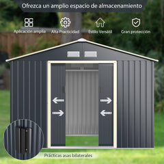 Cobertizo de Metal de Exterior Caseta Jardin con 4 Respiraderos Puertas Individuales Correderas Organizador para Patio 277 x 191 x 202 cm