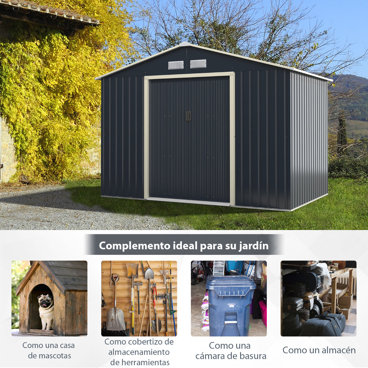 Cobertizo de Metal de Exterior Caseta Jardin con 4 Respiraderos Puertas Individuales Correderas Organizador para Patio 277 x 191 x 202 cm