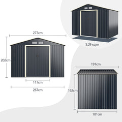 Cobertizo de Metal de Exterior Caseta Jardin con 4 Respiraderos Puertas Individuales Correderas Organizador para Patio 277 x 191 x 202 cm