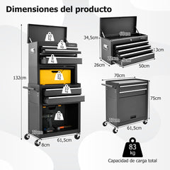 Carro de Taller con Cerradura 9 Compartimentos y Forro de EVA de Herramientas Rodante 2 en 1 para Garaje 61,5 x 33 x 132 cm Negro