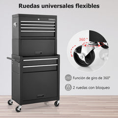 Carro de Taller con Cerradura 9 Compartimentos y Forro de EVA de Herramientas Rodante 2 en 1 para Garaje 61,5 x 33 x 132 cm Negro
