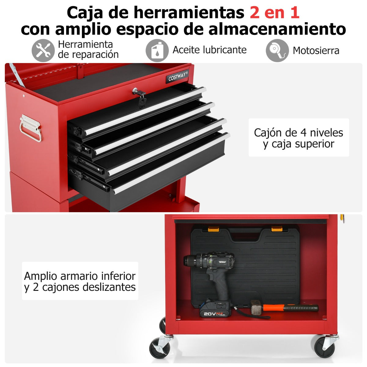 Carro de Taller con Cerradura 9 Compartimentos y Forro de EVA de Herramientas Rodante 2 en 1 para Garaje 61,5 x 33 x 132 cm Rojo y Negro