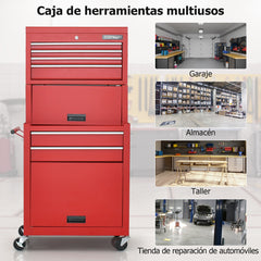 Carro de Taller con Cerradura 9 Compartimentos y Forro de EVA de Herramientas Rodante 2 en 1 para Garaje 61,5 x 33 x 132 cm Rojo