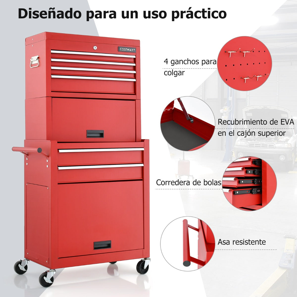 Carro de Taller con Cerradura 9 Compartimentos y Forro de EVA de Herramientas Rodante 2 en 1 para Garaje 61,5 x 33 x 132 cm Rojo