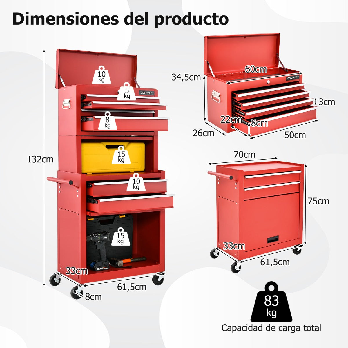 Carro de Taller con Cerradura 9 Compartimentos y Forro de EVA de Herramientas Rodante 2 en 1 para Garaje 61,5 x 33 x 132 cm Rojo