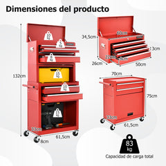 Carro de Taller con Cerradura 9 Compartimentos y Forro de EVA de Herramientas Rodante 2 en 1 para Garaje 61,5 x 33 x 132 cm Rojo