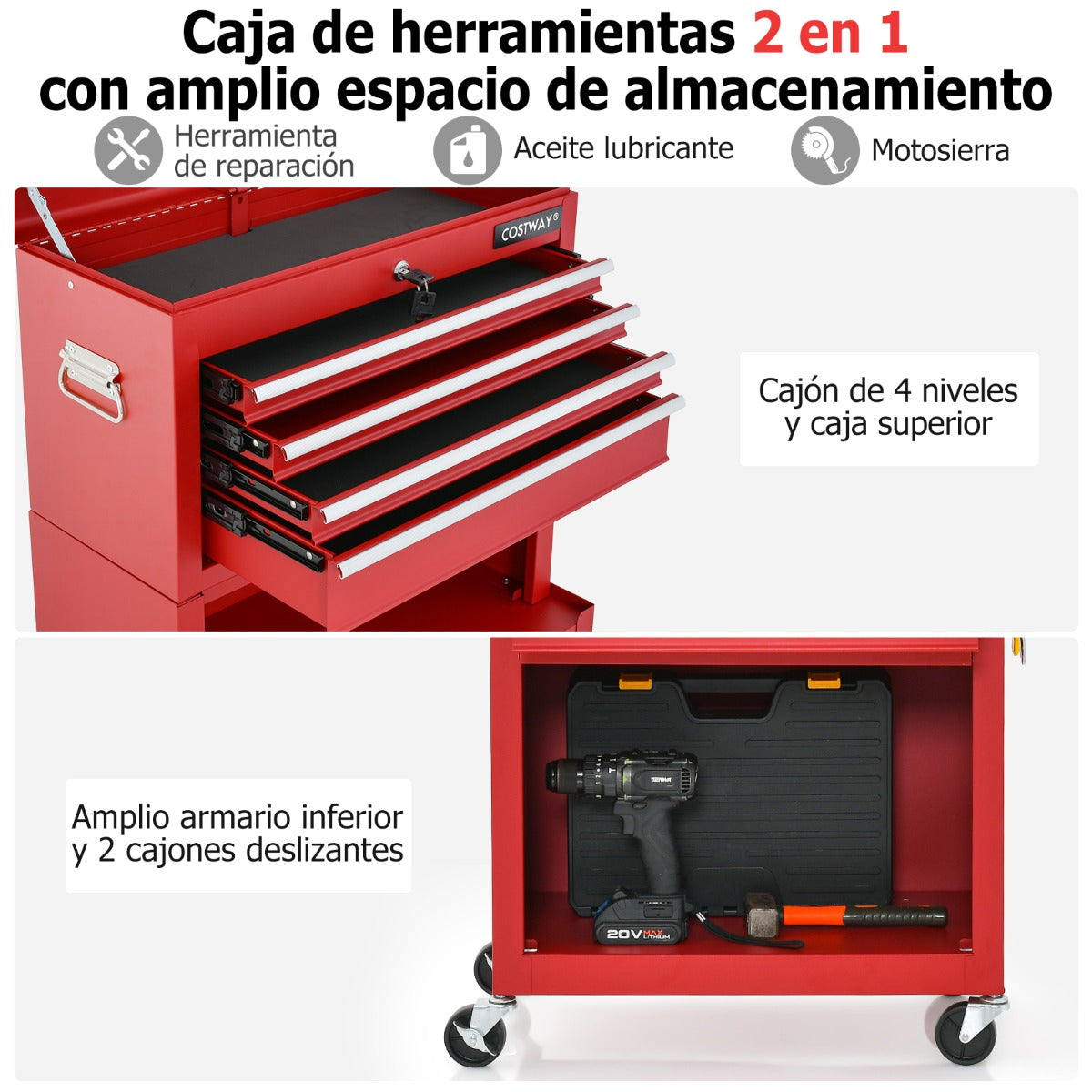 Carro de Taller con Cerradura 9 Compartimentos y Forro de EVA de Herramientas Rodante 2 en 1 para Garaje 61,5 x 33 x 132 cm Rojo