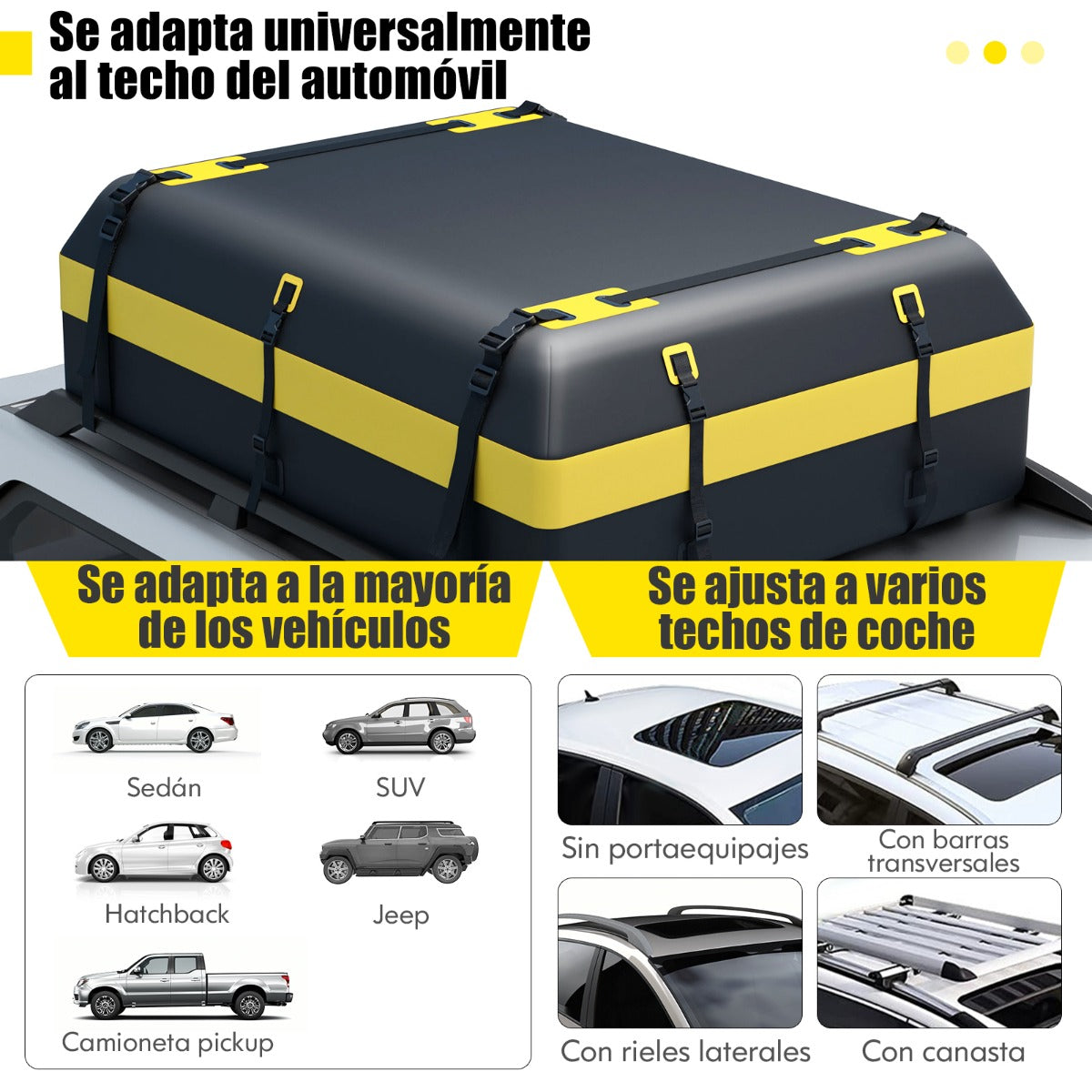 Cofre de Techo para Coche 600L Bolsa de Carga para Techo de Coche Impermeable Bolsa de Portaequipajes para Vehículos con 10 Correas Amarillo