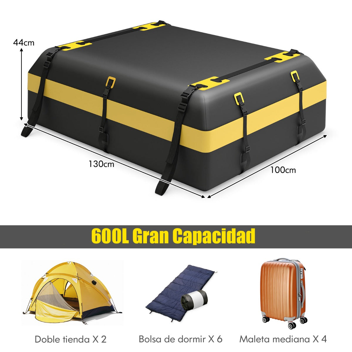 Cofre de Techo para Coche 600L Bolsa de Carga para Techo de Coche Impermeable Bolsa de Portaequipajes para Vehículos con 10 Correas Amarillo