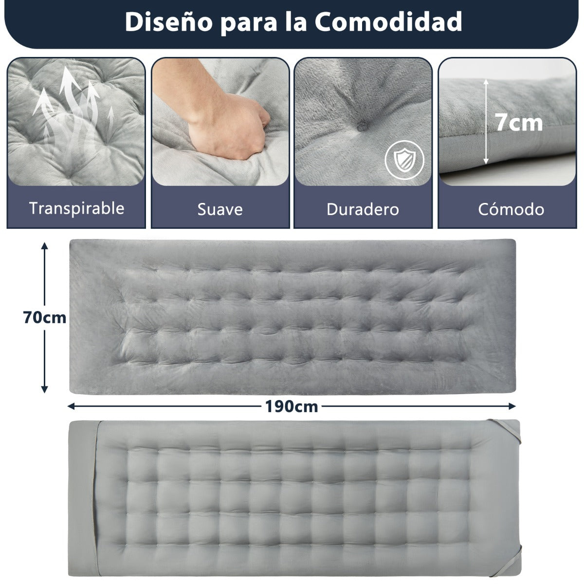 Cojín para Tumbona con 4 Correas de Fijación Tumbona Cojín de Catre para Silla de Exterior Jardín Terraza y Balcón 190 x 70 x 7 cm Gris