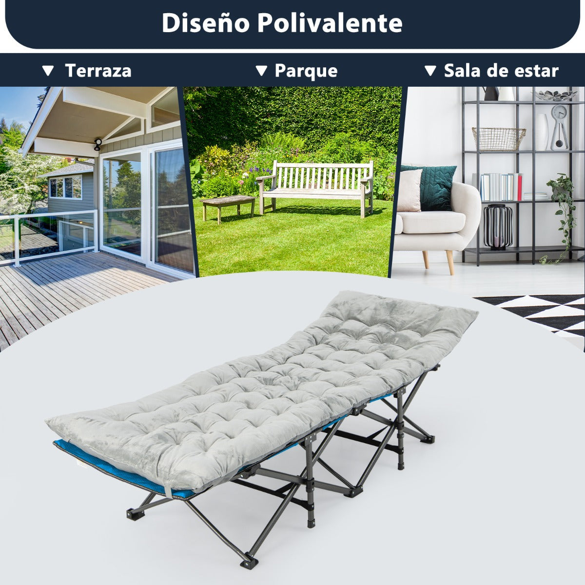 Cojín para Tumbona con 4 Correas de Fijación Tumbona Cojín de Catre para Silla de Exterior Jardín Terraza y Balcón 190 x 70 x 7 cm Gris