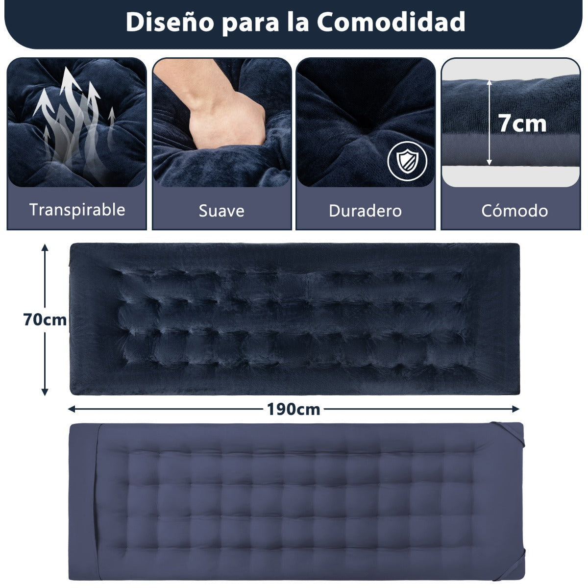 Cojín para Tumbona con 4 Correas de Fijación Tumbona Cojín de Catre para Silla de Exterior Jardín Terraza y Balcón 190 x 70 x 7 cm Azul