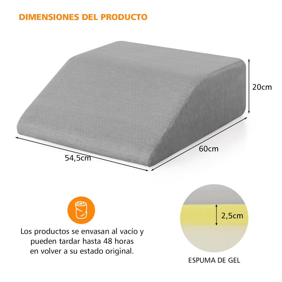 Cojín de Cuña para Elevar Pierna de Espuma Memoria Revestimiento Transpirable Desmontable para Dormir Leer Embarazo 60 x 54,5 x 20 cm Gris