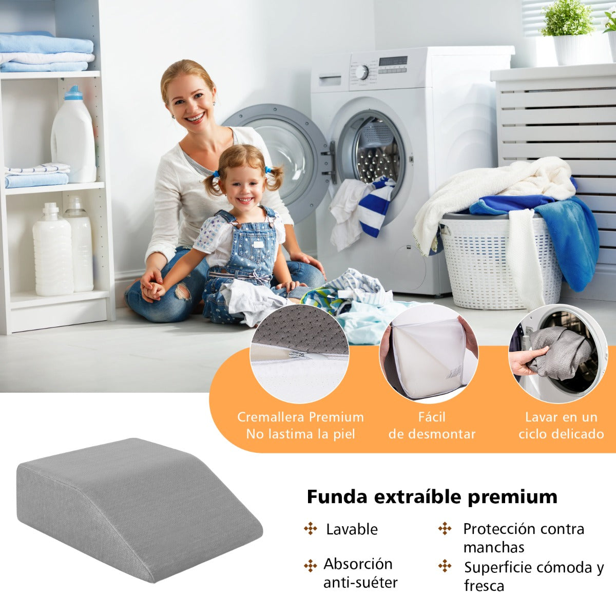 Cojín de Cuña para Elevar Pierna de Espuma Memoria Revestimiento Transpirable Desmontable para Dormir Leer Embarazo 60 x 54,5 x 20 cm Gris