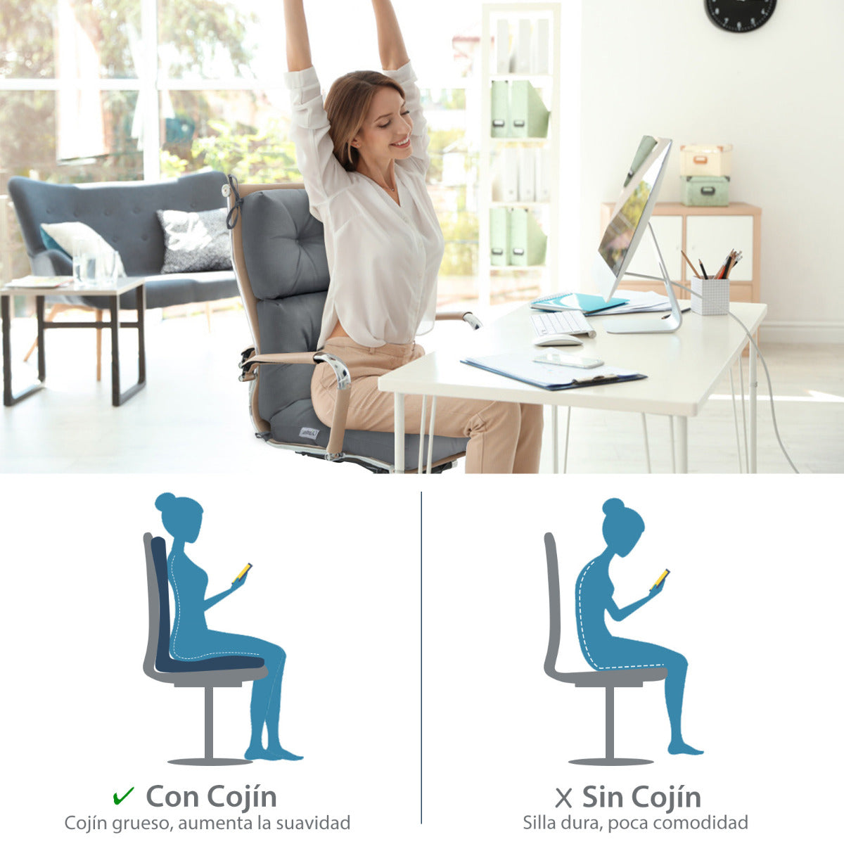Cojín para Silla de Respaldo Alto Almohada para Silla de Patio con Cinturones Antideslizantes Esponja Engrosada Material de Poliéster Gris