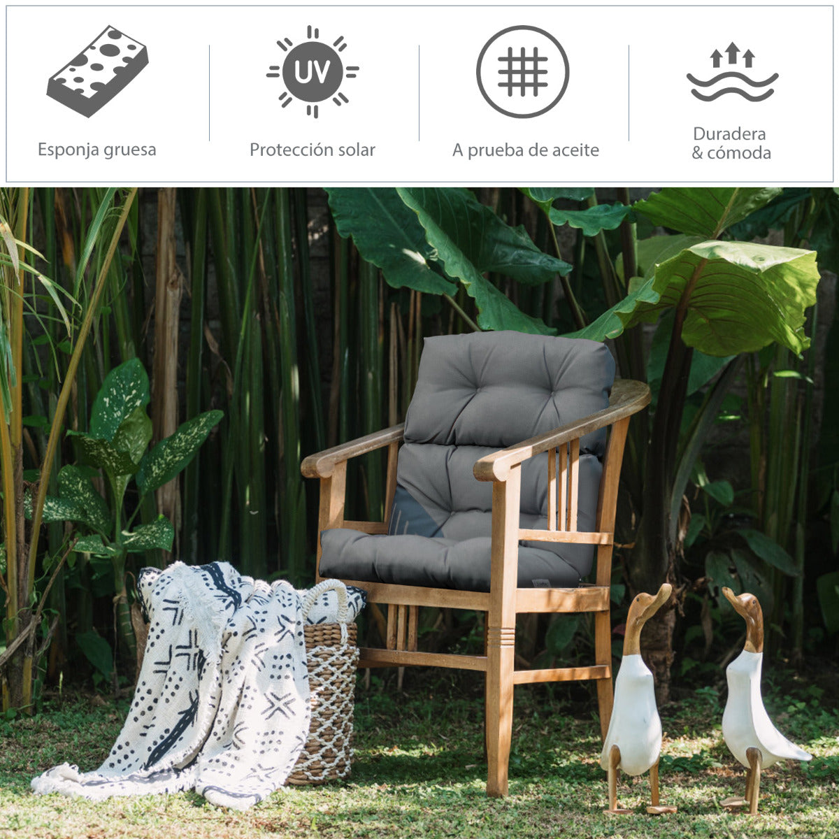 Cojín para Silla de Respaldo Alto Almohada para Silla de Patio con Cinturones Antideslizantes Esponja Engrosada Material de Poliéster Gris