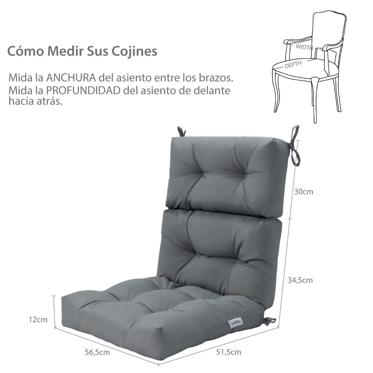 Cojín para Silla de Respaldo Alto Almohada para Silla de Patio con Cinturones Antideslizantes Esponja Engrosada Material de Poliéster Gris