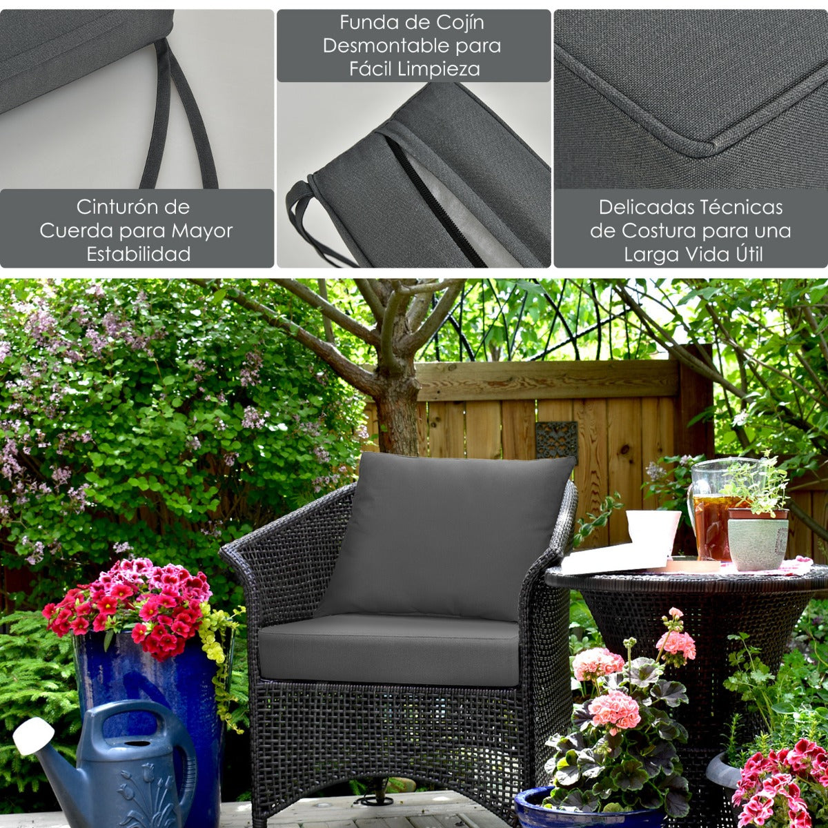 Juego de 2 Cojines Desmontables para Muebles de Patio con Cintas Antideslizantes Relleno Suave Gris