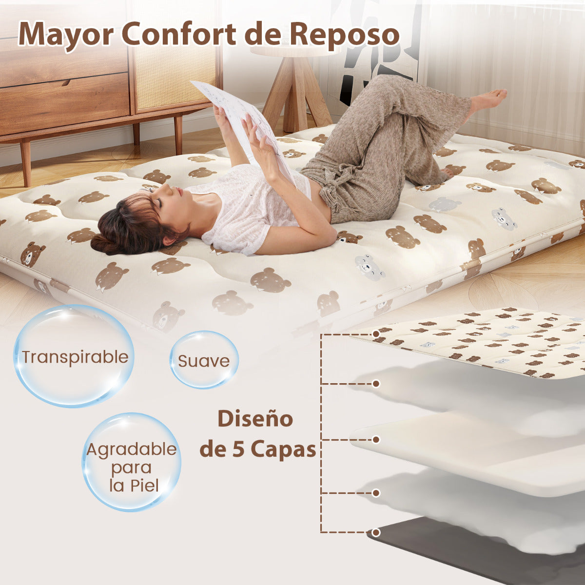 Colchón Enrollable Para el Suelo Tapete de Tatami con Funda Lavable Colchoneta Portátil con Bolsa de Transporte-Marrón-200 x 140 x 10cm