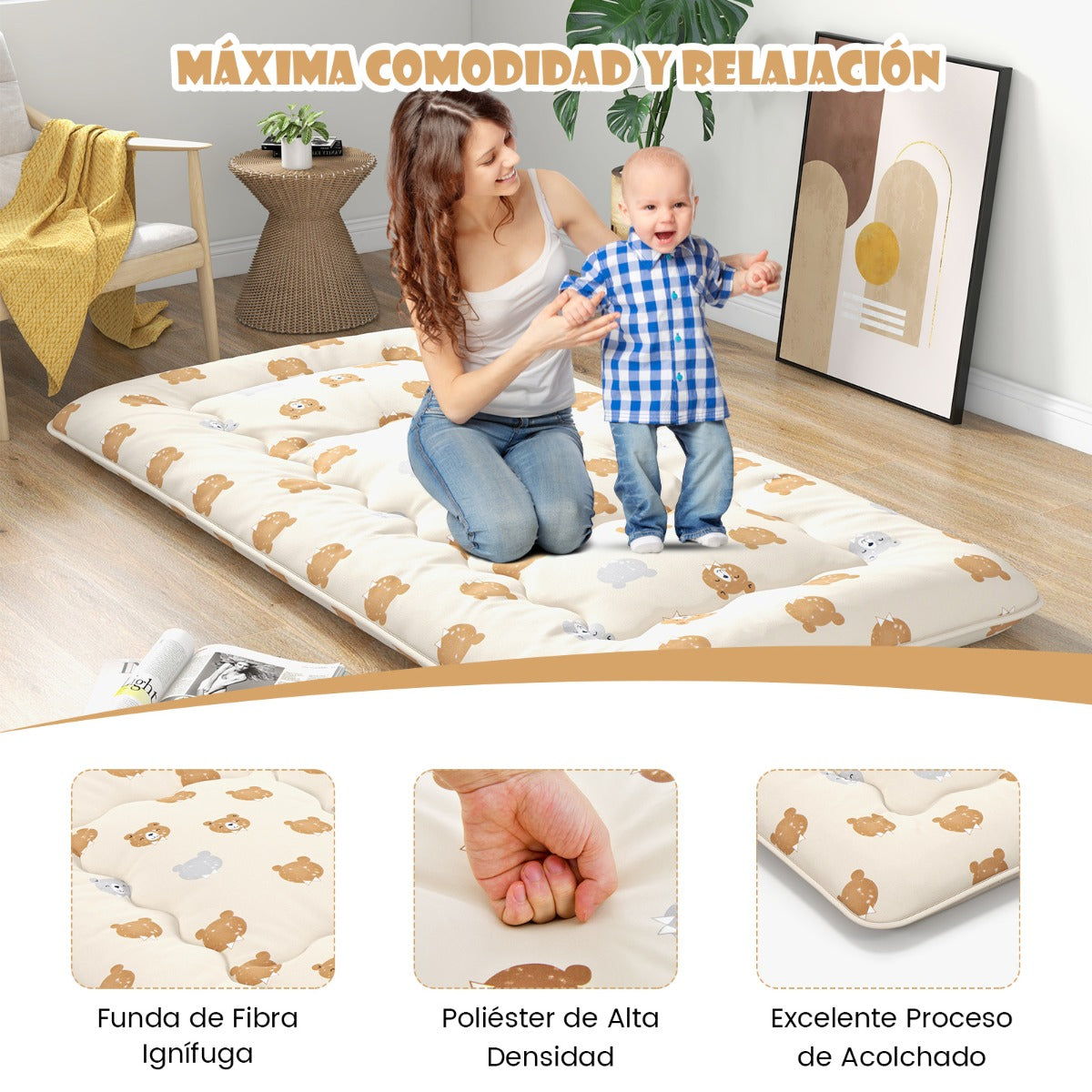 Colchón Enrollable Para el Suelo Tapete de Tatami con Funda Lavable Colchoneta Portátil con Bolsa de Transporte-Marrón-200 x 90 x 10 cm
