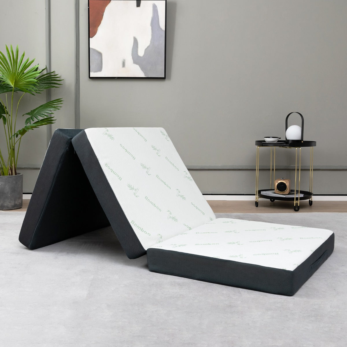 Colchón Plegable en 3 Secciones Cubierta de Fibra de Bambú y Tela Transpirable con Asa 193 x 80 x 10 cm Blanco y Gris